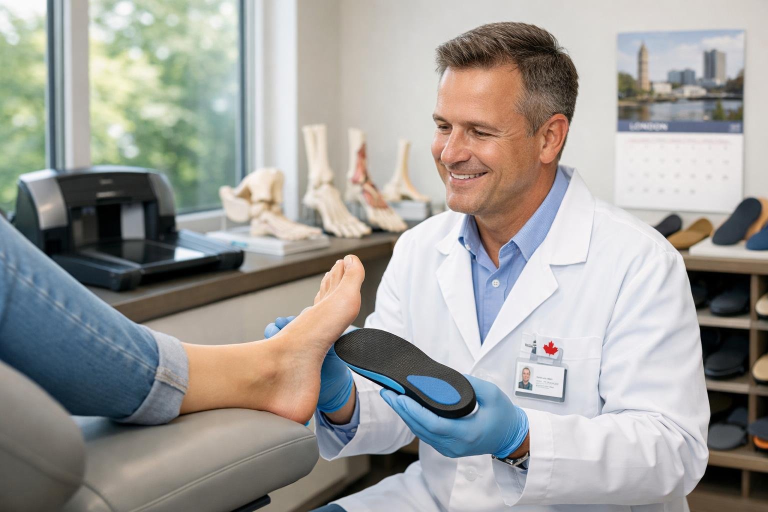 A podiatrist in a white coat examining a patient's foot in a modern foot care clinic with medical equipment and custom orthotics visible.