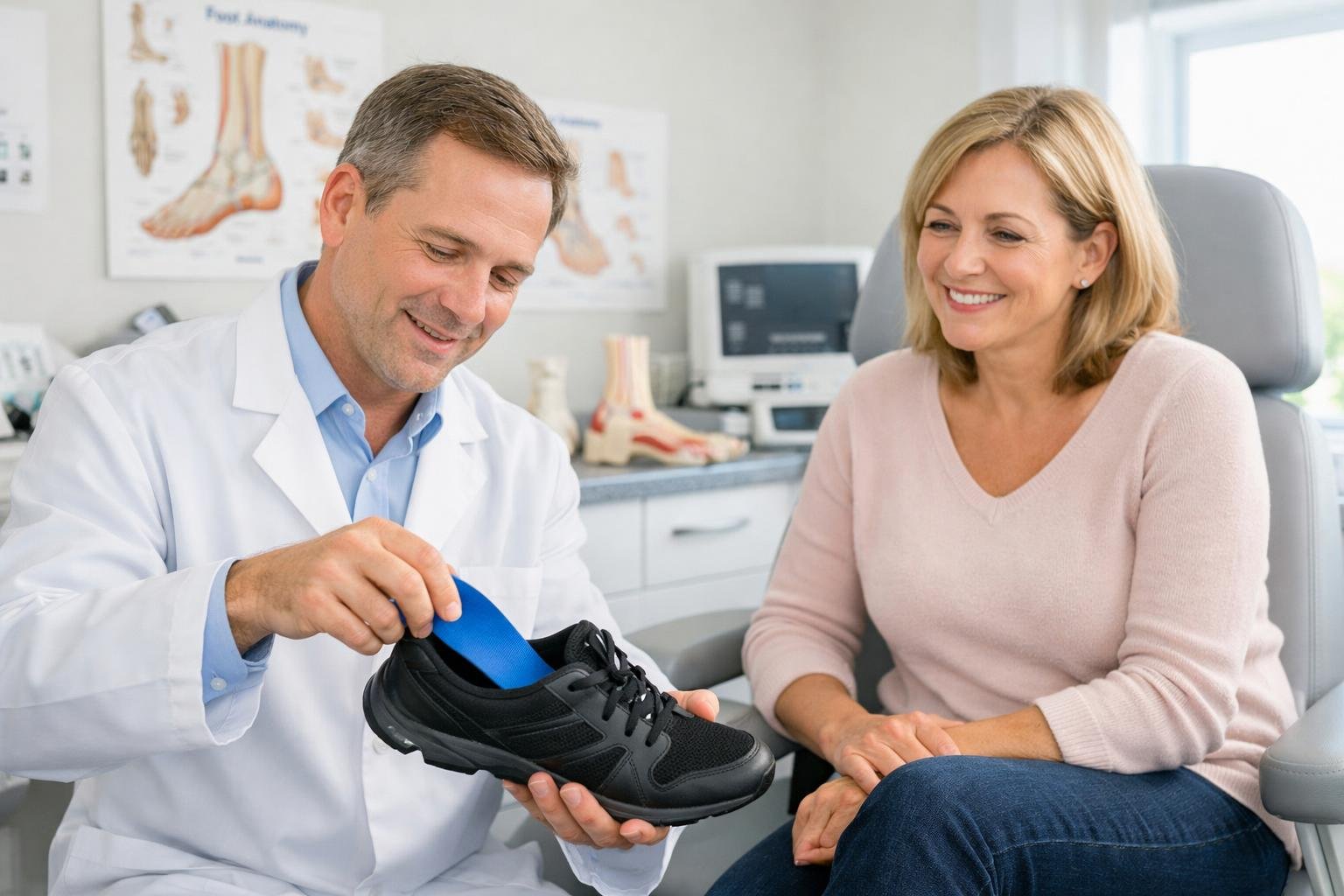 A podiatrist fitting a patient with custom orthotics in a bright, modern foot care clinic.