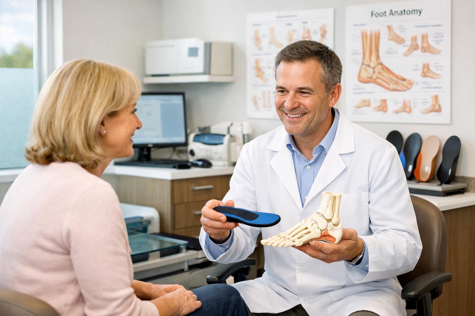 A podiatrist explains custom orthotics to a patient in a bright, modern foot care clinic.