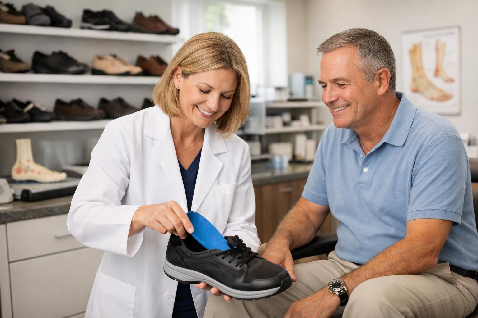 A healthcare professional fitting custom orthotic insoles into a patient's shoe inside a bright foot care clinic with orthopedic footwear displayed on shelves.