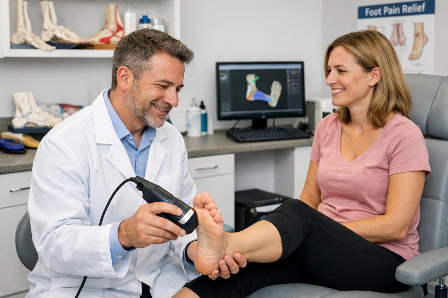 A healthcare professional examining a patient's foot in a clean, modern foot care clinic with orthotic products and medical equipment visible.