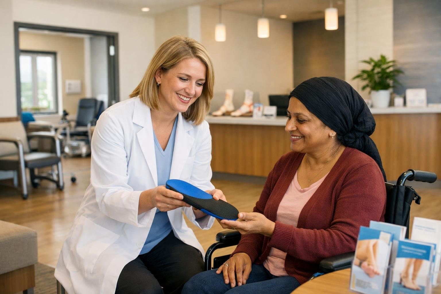 A healthcare professional in a white coat assisting a patient with a custom orthotic in a bright, accessible clinic reception area.