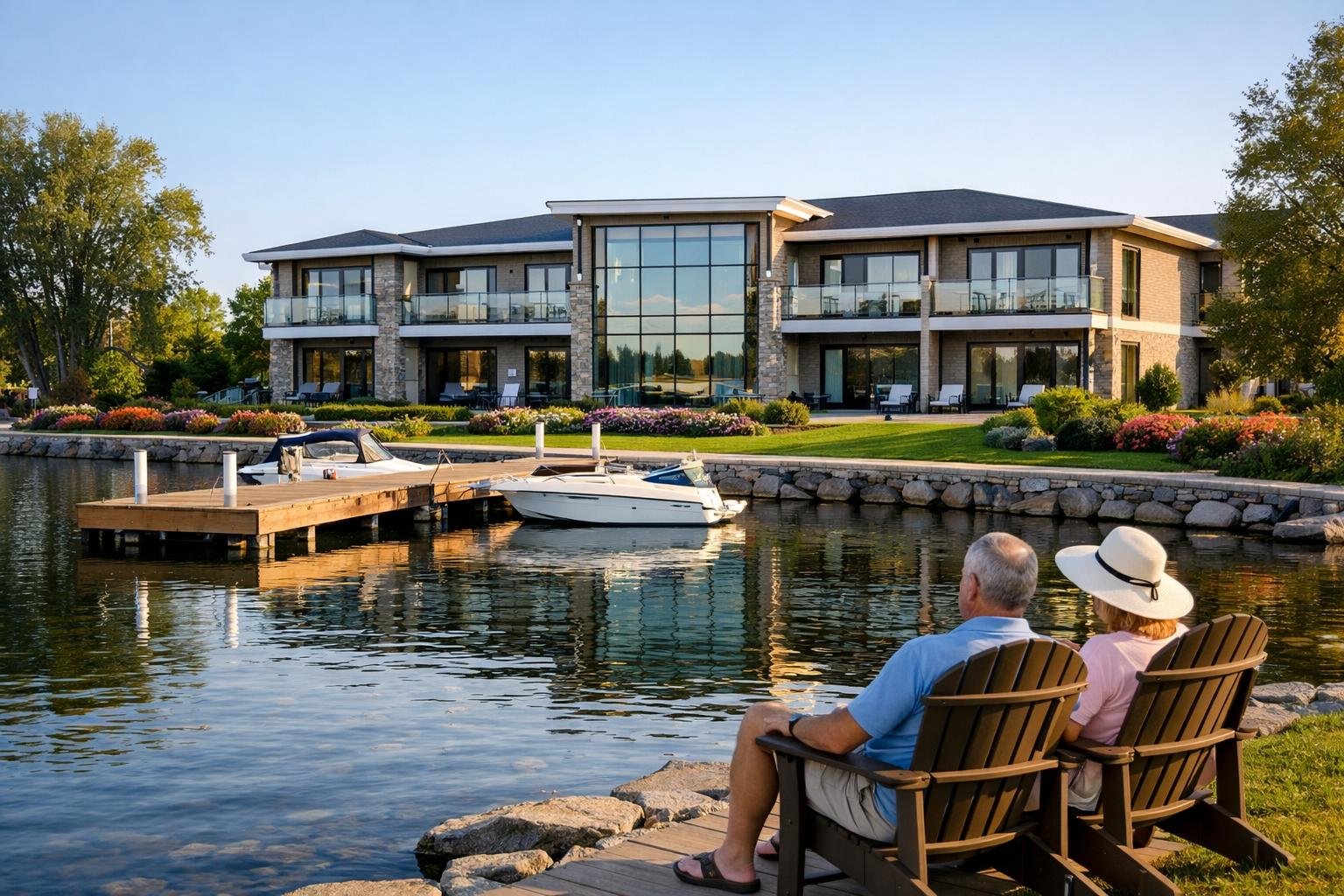 A modern waterfront motel by a calm lake with a wooden dock and boats, surrounded by greenery under a clear sky.