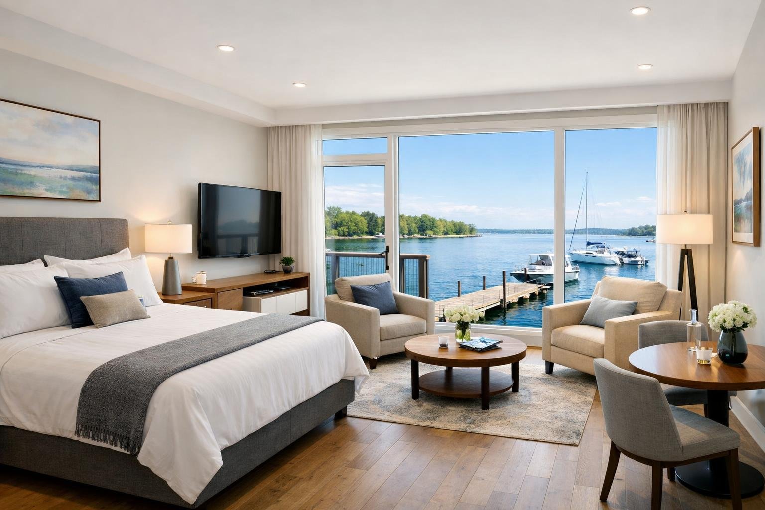 A spacious hotel suite with large windows overlooking a calm waterfront and dock, furnished with a bed, seating area, and modern amenities.