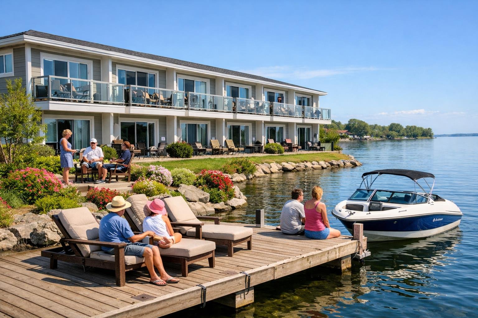 Waterfront motel with balconies overlooking a lake, guests relaxing on a dock and in a garden area on a sunny day.