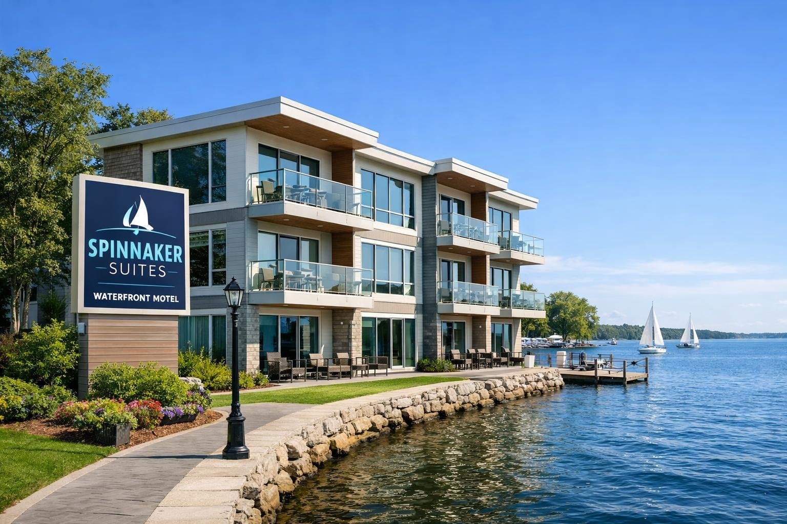 Exterior view of a modern waterfront motel by a calm lake with trees and boats in the background.