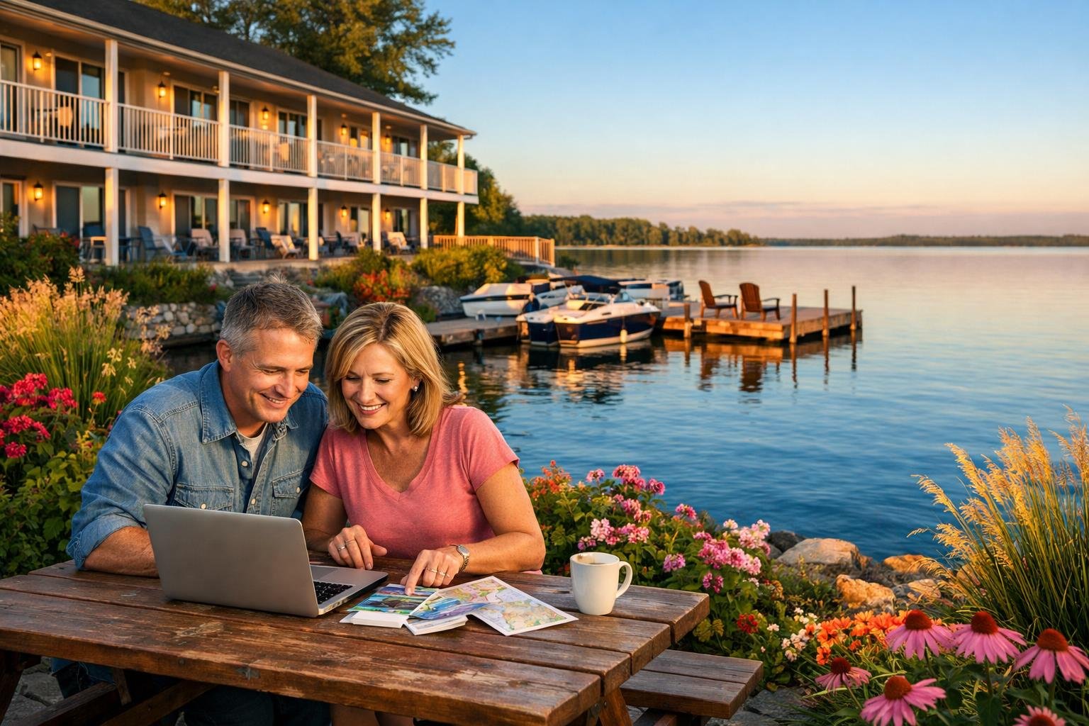 Couple planning their stay at a waterfront motel with lake, dock, and boats in the background.